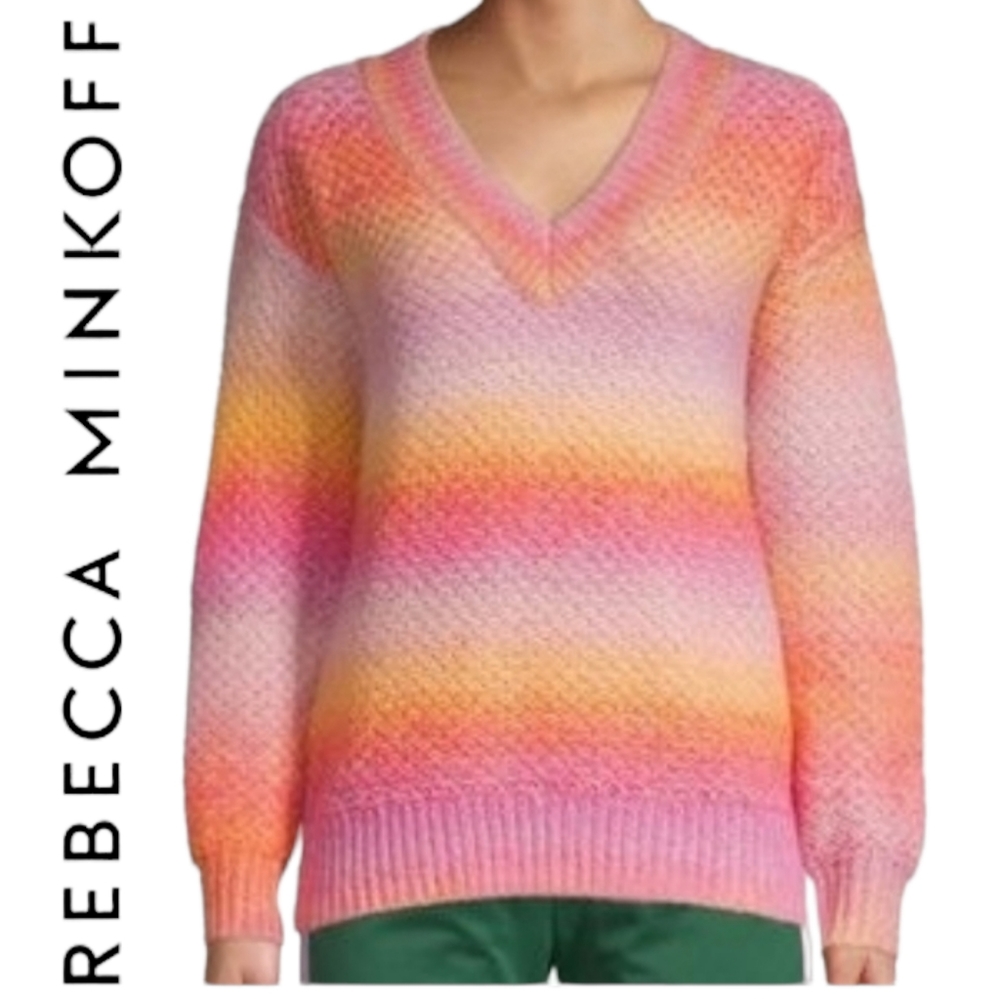 REBECCA MINKOFF ANDY PASTEL RAINBOW STRIPE CHUNKY KNIT V NECK SWEATER - VGUC - S